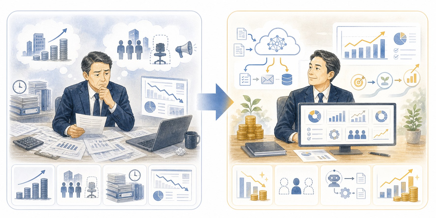 導入前は人件費、残業代、採用費が固定費として膨らみ利益を圧迫し、導入後はAI自動化により営業利益、資金余力、投資余力が改善する経営比較イメージ